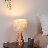 EDISHINE Nachttischlampe Tischlampe Holz, E27 Fassung, Stativ Vintage Landhaus, Beiger Lampenschirm aus Leinen, für modern Deko Schlafzimmer, Wohnzimmer, Nachttisch, Geschenk, CE-Zertifiziert