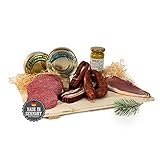 Schwarzwald Metzgerei Geschenkkorb – im Leinentäschle – 8-teiliger Präsentkorb mit leckeren & herzhaften Wurstspezialitäten wie Schwarzwälder Schinken, Landjäger, Kirschwassersalami, Schinkenwurst und mehr