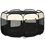 PawHut Welpenlaufstall Tierlaufstall Faltbarer Welpenauslauf Freigehege Laufstall aus Oxfordstoff für kleine Hunde und Katzen Wasserdicht Tragbar Cremeweiß+Schwarz 118 x 118 x 62 cm