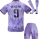 BlackAzat 2022/2023 Madrid Auswärt Violett #9 Karim Benzema Football Fußball Kinder Trikot Shorts Socken Set Jugendgrößen (Auswärt,30)