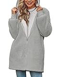 TOMEEK Lange Kapuzen-Fleecejacke für Damen, Übergröße, Langarm, Flauschiger Plüschmantel, Warme Teddy-Fleecejacke, Winter-Hoodie, Oberbekleidung, Strickjacke, Grau, Größe L