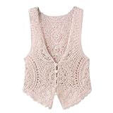 Gehäkelte Weste Damen - Damen All-Match Ärmellos, Vintage Aushöhlen Tanktop, Einfarbig, Kurze Strickweste, Gehäkelte Strickjacke, Weste, Boho-Weste, Blumen-Handschal, Aprikose, Einheitsgröß