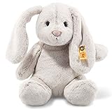 Steiff Hoppie Hase - 28 cm - Plüschhase mit Schlappohren - Soft Cuddly Friends - Kuscheltier für Kinder - waschbar - hellgrau (080470)