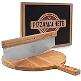 PIZZAMACHETE Pizzamesser mit Schneidebrett I Premium XXL Pizzaschneider 35 cm I Hochwertiger Pizzateller mit Griff I