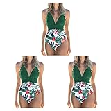 tieedhfu 3 Satz von Damen Badeanzug Open Back Padded Bodysuit Swimwear Green+White Flower M