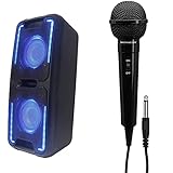 Reflexion PS08BT DJ Karaoke PA-Anlage, mobil mit Akku und Lichteffekten (Bluetooth, USB, AUX, Mikrofon, 480 Watt), schwarz & MONACOR 231700 DM-70/SW Dynamisches Mikrofon, Schwarz, 6,3 mm Klinke