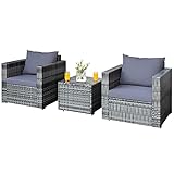 RELAX4LIFE 3-teiliges Polyrattan Gartenmöbel Set, Rattan Sitzgruppe mit 2 Stühlen & Rattantisch mit Glasplatte, Gartenlounge Set mit Sitz- und Rückenkissen, für Terrasse Garten Balkon (Kissen in Grau)