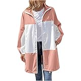 JISDFKFL Wasserdichter Regenmantel für Damen, leicht, mit Reißverschluss, Farbblock, Kapuze, Windjacke, Outwear mit Taschen, rose, 46