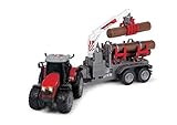 Dickie Toys Massey Ferguson Spielzeugtraktor mit Anhänger und 3 Holzstämmen, Holzgreifer, Trecker mit Anhänger, Typ 8737, Bauernhof Spielzeug, Licht & Sound, inkl. Batterien, 42 cm