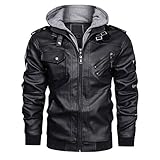 KEFITEVD Übergangsjacke Herren Winter Leder Jacke Biker Jacke Robust Lederjacke mit Kapuze Herbstjacke Vintage Motorradjacke Männer Army Jacke Shwarz M