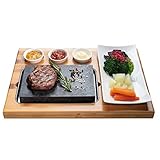 Beefstone Lavastein Steak-Brett Hot Stone Steingrill Set aus Bambusbrett Lavastone und Porzellan-Platte inkl. Saucen-Schälchen, Fettfrei und ölfrei: Steak, Fleisch, Fisch grillen auf heißem Stein