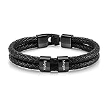 PiercingJak Herren Armband mit Gravur 2-4 Namen Männer Lederarmband geflochten Schwarz Echtleder Wickel Edelstahl Namensperlen ID Armreif Charm Schmuck Personalisierte Geschenke für Mann