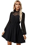 SheIn Damen Elegant Spitzenkleid V-Ausschnitt Minikleid Langarm A-Linie Kleider Hohe Taille Kurzkleid Casual Skaterkleid Einfarbig Schwarz M