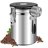 Kaffeedose Luftdicht 1.5 litre Kaffeebehälter Edelstahl Aromadose Vorratsdose Kaffeebohnenbehälter Aromadicht Vakuum Kaffeebox mit Löffel für Kaffeebohnen Kaffeepulver Tee Nüsse Kakao Schwarz