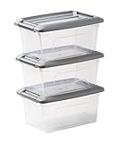 Amazon Basics, 3er-Set, Aufbewahrungsboxen, 5 L, mit Clips, stapelbar, Wohnzimmer, Schlafzimmer, Garage - New Top Box NTB-5 - Grau / Transparent