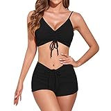 Bikini Strandkleidung Damen 2-Teilig Farbblock Triangel Bademode Swimmwear Lace Up Kreuz Tops Bikinihose Badeanzug Bademode Bikini Bauchweg V Ausschnitt High Waist Spitze Swimsuit Badeanzüge