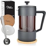 Milu French Press Kaffeebereiter | 350ml, 600ml, 1L | Glas Kaffeepresse, Kaffeezubereiter für Zuhause Reisen Camping inkl. Untersetzer, Löffel, Ersatzfilter (Schwarz, 350ml (2 Tassen)