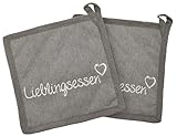 MC-Trend 2er Set Topflappen Lieblingsessen mit Schriftzug 20 cm in grau aus Baumwolle Topfhandschuhe Ofenhandschuhe zum Kochen und Backen Haushalthelfer für optimalem Schutz (2er Set Topflappen)