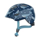 ABUS Kinderhelm Smiley 3.0 - Fahrradhelm mit tiefer Passform, kindergerechten Designs & Platz für einen Zopf - für Mädchen und Jungs - Blau mit Wal-Muster, Größe M