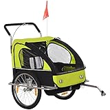 HOMCOM Kinderanhänger Fahrradanhänger Kinder Radanhänger für 2 Kinder mit Fahne Regenschutz atmungsaktiv Stahl Grün+Schwarz 142 x 85 x 105 cm