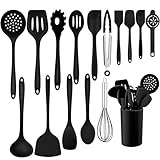 Homikit Silikon Küchenhelfer Set, 16 Stück Schwarz Küchenutensilien Kochbesteck, Hitzebeständiger Kochutensilien Set mit Utensilienhalter, Gesund & Antihaft, Spülmaschinengeeignet