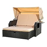 HUIJK Strandkorb Rattan Schwarz Sonneninsel Gartenliege Rattanbett Sonnenliege Sofa, Multi-colored