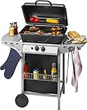 Clatronic Gasgrill / Grill mit 2 Brenner GG 3590; Outdoor für BBQ/Camping/Balkon/Garten; inkl. Zubehör (Grillrost, Warmhalterost, Druckminderer, Schlauch); Lagerung für Gasflaschen; silber/schwarz