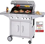 ProfiCook Gasgrill PC-GG 1181 Grill mit 4 Edelstahl-Brenner und zusätzlicher Kochplatte, Camping-Gasgrill, Outdoor-Grill, BBQ-Grill, Ablage klappbar, individuelle Temperatursteuerung, 3,1 kW