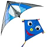 CIM Kinder-Drachen - Happy Eddy - Einleiner Flugdrachen für Kinder ab 3 Jahren - 65x72cm - inkl. 80m Drachenschnur und Schleifenschwanz (Happy Eddy Blue & Shuriken Blue Sky)