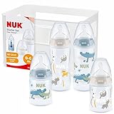 NUK First Choice+ Babyflaschen Starter Set | 0–6 Monate | 4 Flaschen mit Temperature Control & Flaschenbox | Anti-Colic Air System | BPA-frei | 5-teilig | blaues Krokodil