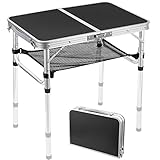 Anbte Campingtisch Klapptisch Aluminium Falttisch 3 Höhen Verstellbarer Camping Tisch mit Aufbewahrungsnetz Tragbar Klapp-Picknicktisch für Picknick Camping Strand Balkon (Schwarz)