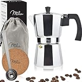 Milu Espressokocher (No Induktion) | 2, 3, 6, 9 Tassen| Aluminium Mokkakanne, Espressokanne, Espresso Maker Set inkl. Untersetzer, Löffel, Bürste (Aluminium, 2 Tassen (100ml)