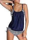 Aleumdr Tankini Damen bauchweg Bademode Set zweiteilig Push up mit Einstellbarer Bikinislip Tankini Top Soft Cups, Dunkelblau, Large(EU44-EU46)