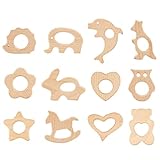 Beißring Holz, Sterneer 12 Stück Baby Holzringe Zum Basteln, Holztiere Beißring Holz Tiere Kinder Beißring Holzring Holzbeissring Wooden Teether für Babys Kinderpflege, Holz Armband DIY Handwerk