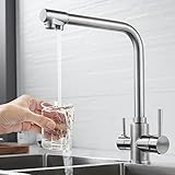 Farcetor 3 Wege Wasserhahn Küche, Küchenarmatur 360°Schwenkbar,Mischbatterie Küche,3-in-1 Hochdruckarmatur,Trinkwasserhahn mit 2 Hebel, Gebürstet Edelstahl