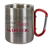 CreaLuxe Edelstahltasse mit Karabiner 'Ein Wunschberuf macht keine Pausen - Werkzeug erholen' Tasse personalisiert, Kaffeetasse, Bürotasse, Metalltasse mit Name