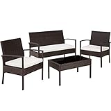 TecTake Poly Rattan Sitzgruppe, Gartenset mit 2 Stühlen, Bank + Tisch mit Glasplatte, Lounge Set für Garten, Terrasse und Balkon (Braun-Schwarz)