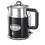 Russell Hobbs Wasserkocher [1,7l, 2400W] Retro Schwarz & polierter Edelstahl (Schnellkochfunktion, Wassertemperaturanzeige im Retrodesign, außenliegende Wasserstandsanzeige) Vintage Teekocher 21671-70