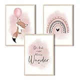 MeinBaby123® Bilder Kinderzimmer | 3er Set DIN A4 Poster Set | Wandbilder | Kinderzimmer Poster | Deko Bilder Kinderzimmer | Babyzimmer Deko | Wandposter Premium (Fuchs & Luftballon rosa)