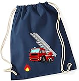 Zuzieh Turnbeutel für Kinder | Motiv Feuerwehr mit Leiter & Flamme | Schuhbeutel Sportbeutel zum Zuziehen für Jungen | Stoffbeutel mit Kordel in blau grau grün (dunkelblau)