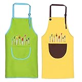 Malschürze Kinder, 2 Stück Kinder Schürzen Set mit Taschen, Kochschürze Kinder Jungen Mädchen, Verstellbare Kleinkind Kochschürze für Basteln Malen Backen Kochen, Grün und Gelb (8-12 Jahre)