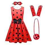 Kinder Mädchen Marienkäfer Kostüm Ladybug Halloween Cosplay Ärmellos Gepunktet Kleid mit Tasche Augenmaske Handschuhe für Fasching Karneval Weihnachten Geburtstag Party Verkleidung Rot Schleife 5-6J