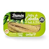 Dumon - 16 Einheiten à 115 g Makrelenfilets in Olivenöl, exklusives transparentes Format, leicht zu öffnen, Fischkonserven mit hohem Eiweiß- und Omega-3-Gehalt