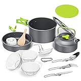 Tokmali Camping Kochgeschirr Set 14-TLG Camping Kochtopf Set aus Edelstah Kochausrüstung für Outdoor Wandern Picknick, Topf & Pfanne aus Aluminium und Edelstahl, für 2-3 Personen (mit EIN Geschenk)