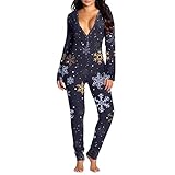 Satin Nachthemd Damen Set Overalls für Frauen Sexy Butt Button Back Flap Jumpsuit V-Ausschnitt Langarm Strampler Pyjama Weihnachtsdruck Kollektion Nachtwäsche Strumpfhose &