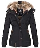 MARIKOO warme Damen Winter Jacke Winterjacke Steppjacke gefüttert Kunstfell B658 [B658-Nek-Schwarz-Gr.L]