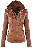 Seamido Lederjacke Damen Herbst Winter Motorrad Jacke Bomberjacke Bikerjacke mit Reißverschluss Kapuzen Übergangsjacke(Braun, XXL)