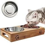 O'woda Katze Napf-Set, Futterstation, Anti-Rutsch Katzennäpfe Edelstahl Set mit Bambus Ständer (31 x 16 x 5.5cm), Schüssel 14 cm, Futternäpfe für Katzen und Hunde