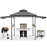 1.5x4M Grill-Pavillon, Grill Unterstand für den Außenbereich, Grill-Terrassenüberdachung mit Regalen und Zwei zusätzlichen Markisen (dunkelgrau)