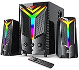 NJSJ 2.1 Bluetooth Lautsprecher-System mit Subwoofer, 80 Watt Spitzenleistung, Gaming RGB Beleuchtung, 3.5 mm Eingang, EU Stecker, PC/PS4/Xbox/TV/Smartphone/Tablet/Laptop – Schwarz